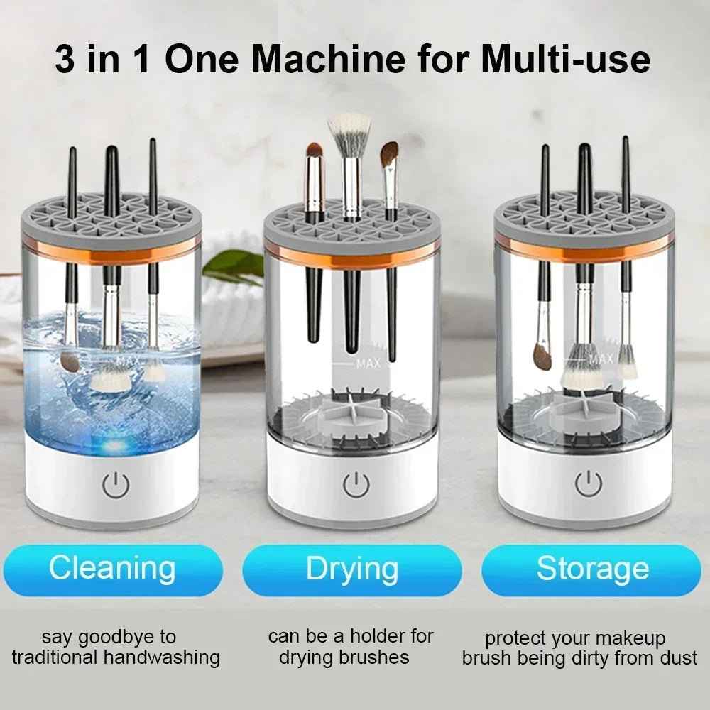 Makeup brushes being cleaned inside Automatic Multi‑Brush Cleaner swirling water