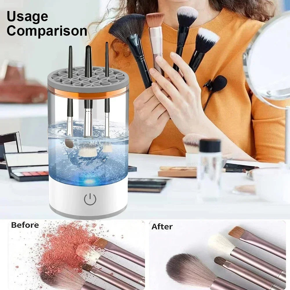 Woman professional MUA using Automatic Multi‑Brush Cleaner for hygiene kit